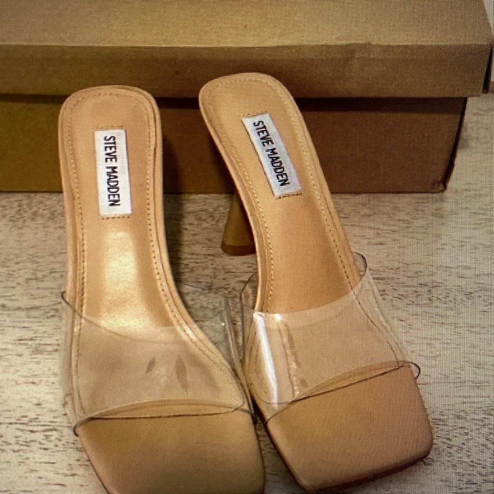 Steve Madden Clear and Tan Heeled Mules